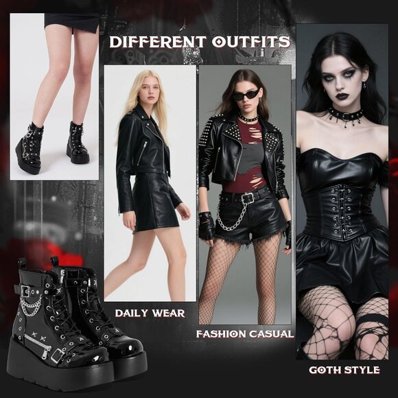 Women Polyurethane Blackpatent Wedge Round Toe Buckle Leather Platform Boots - Picture 7 of 7